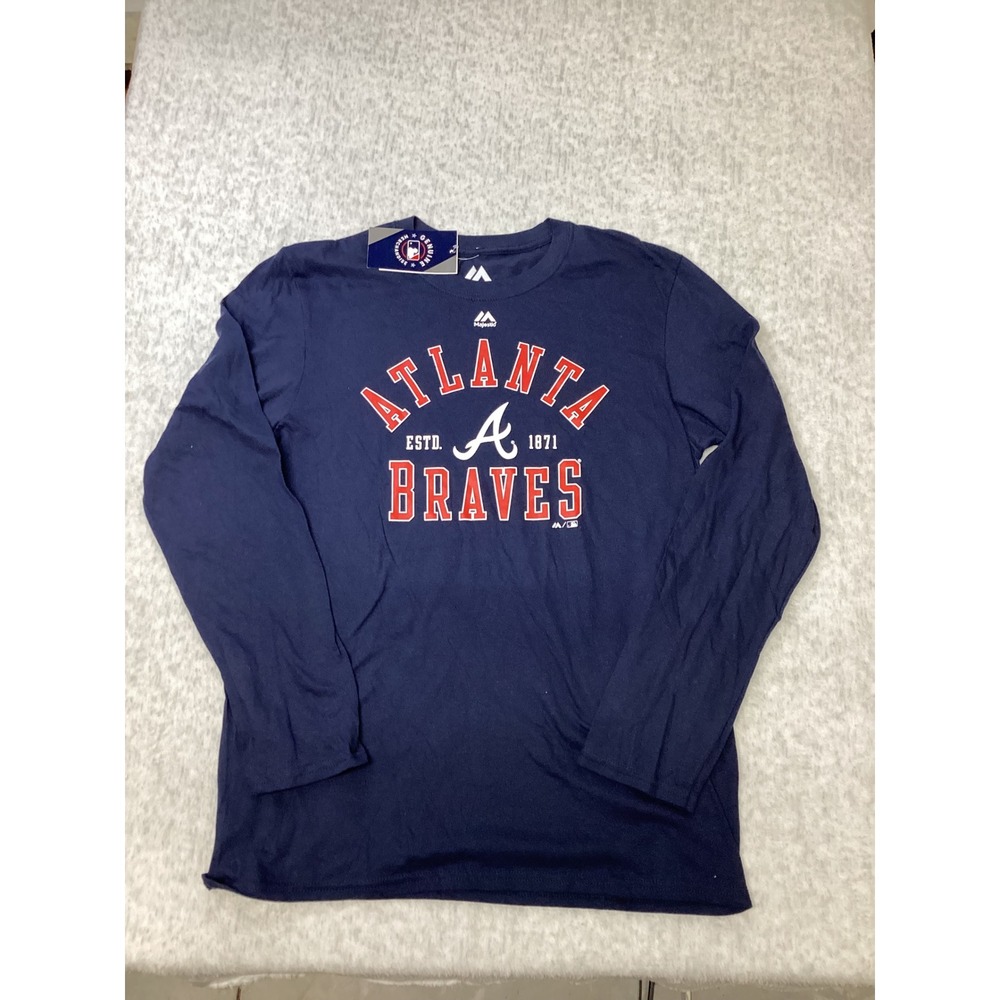 Majestic Atlanta Braves Long Sleeve Graphic T-Shirt Mens Small Navy MLB New…